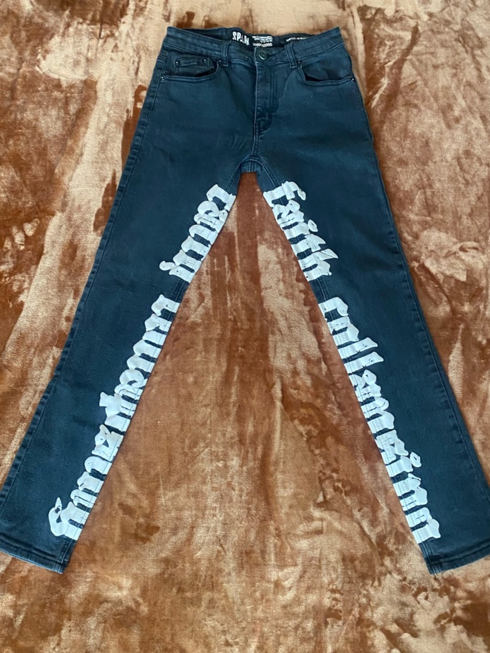 Black Graphic Skinny Jeans with White Gothic Side Text